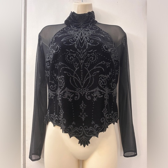 Tadashi Shoji Vintage Black Velvet Sheer Beaded Top with Mesh, Size XL - Picture 5 of 14